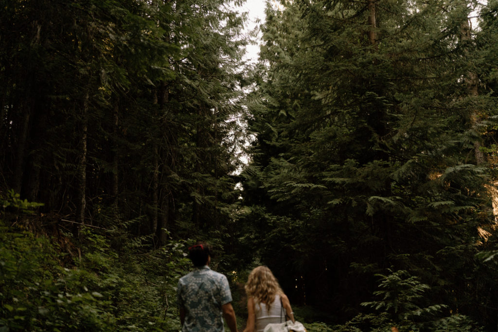 A couple shares and evening engagement session on Moscow Mountain