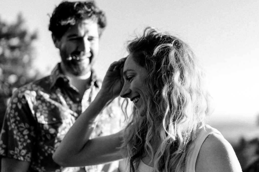 A couple shares and evening engagement session on Moscow Mountain in Idaho