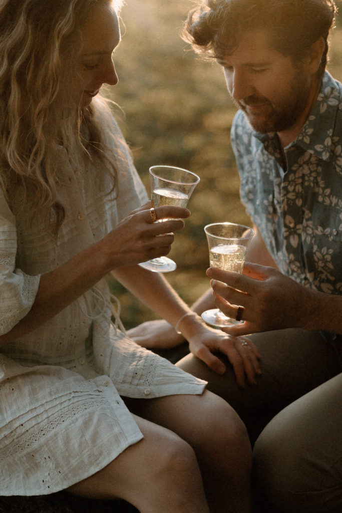 A couple shares and evening engagement session on Moscow Mountain in Idaho