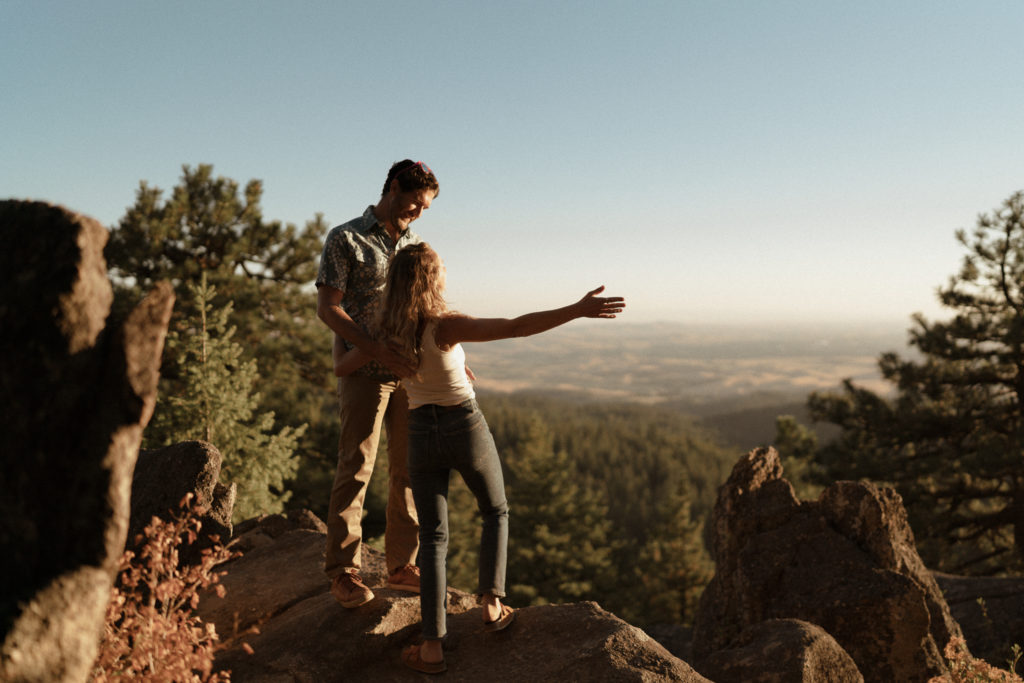 A couple shares and evening engagement session on Moscow Mountain