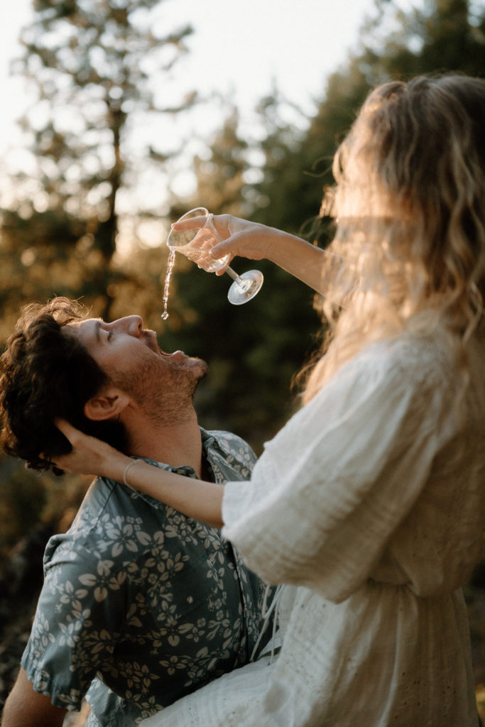 A couple shares an evening engagement session on Moscow Mountain in Idaho