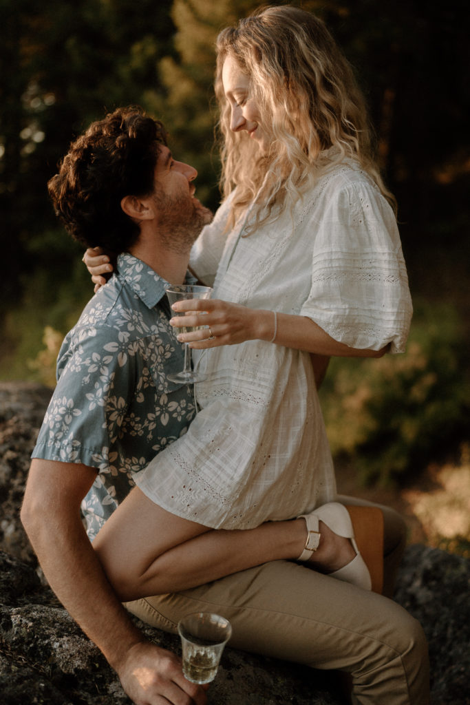 A couple shares an evening engagement session on Moscow Mountain in Idaho