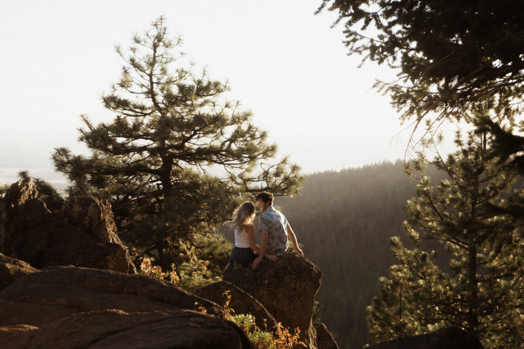 A couple shares and evening engagement session on Moscow Mountain in Idaho