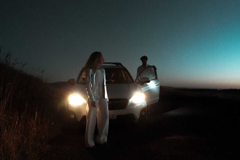 A couple shares an evening engagement session on Moscow Mountain in Idaho