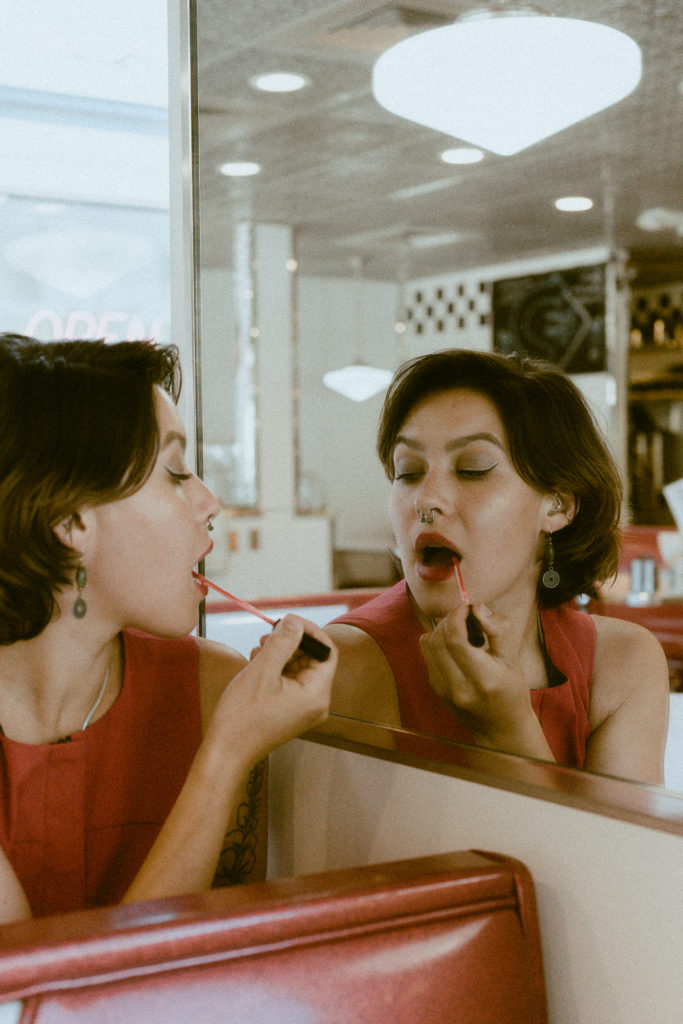 A vintage inspired, editorial photoshoot in a retro style, old school diner in Moscow, Idaho