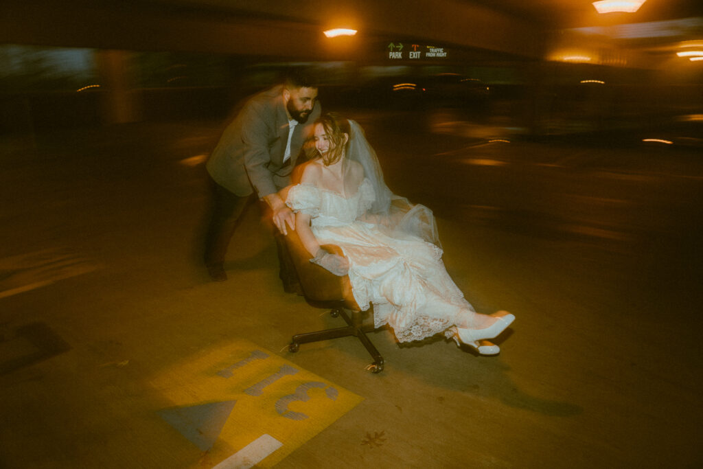 grungy ethereal elopement in a parking garage