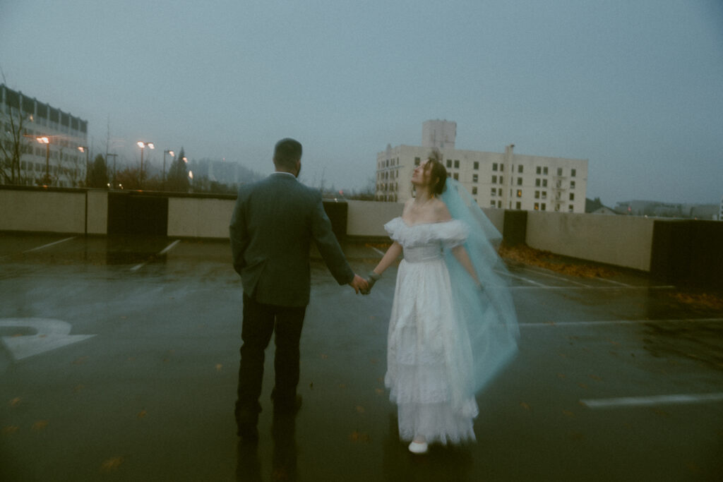 grungy ethereal elopement in a parking garage