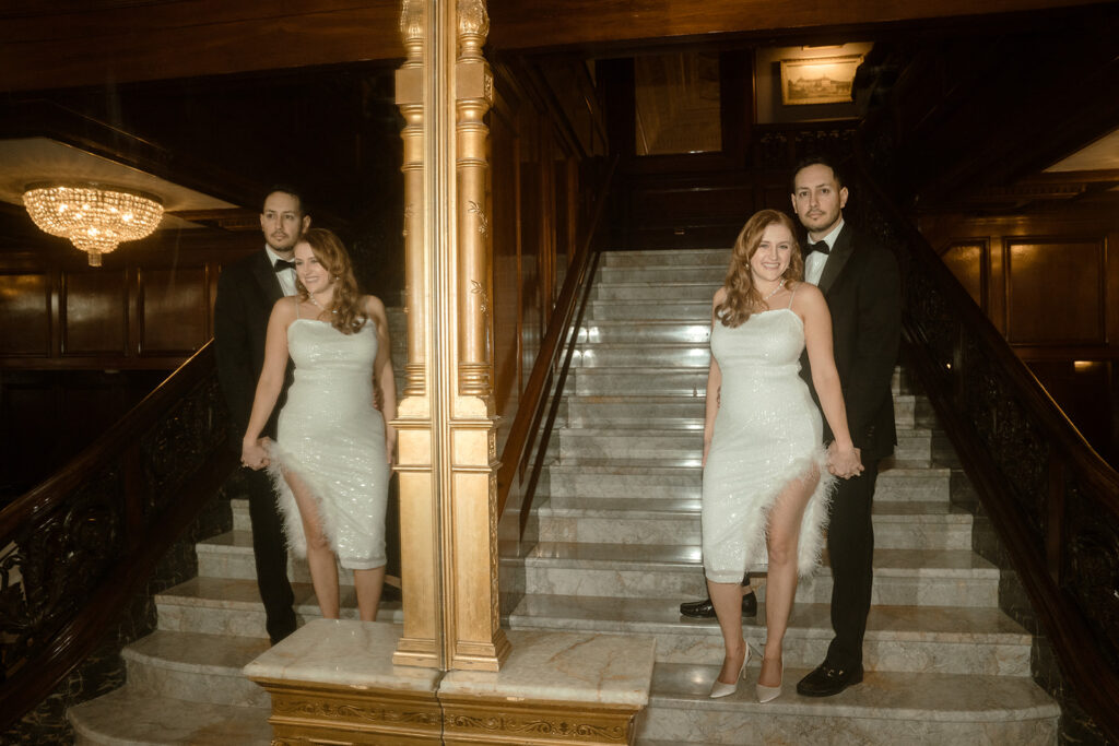 Stylish couple in a vintage-inspired engagement shoot at The Benson Hotel in Portland