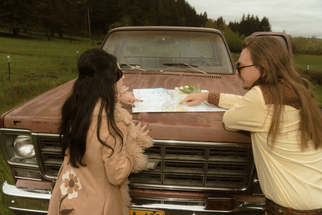 70s themed retro engagement photos